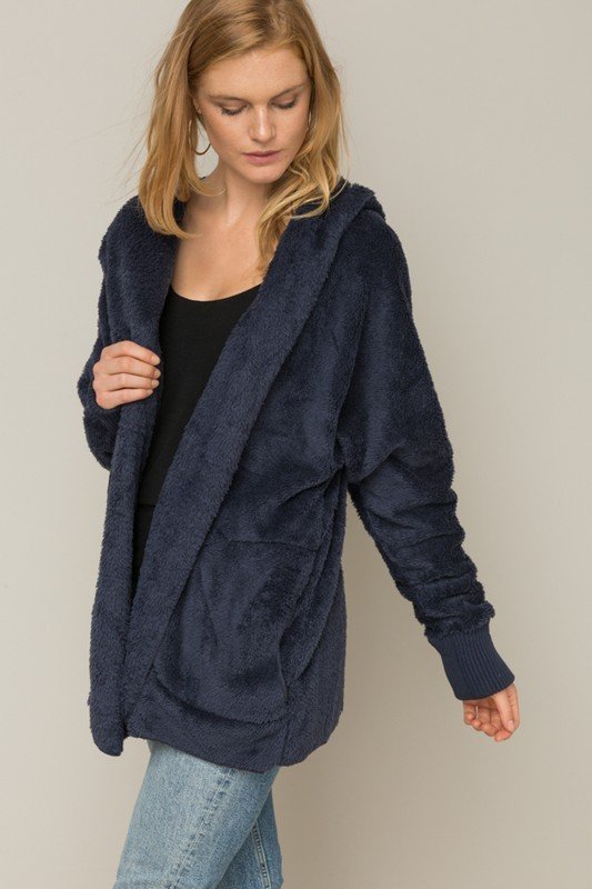 Hem & Thread Fuzzy knit open front, hooded cardigan with pockets L2394 - Navy Fuzzy - front alt view