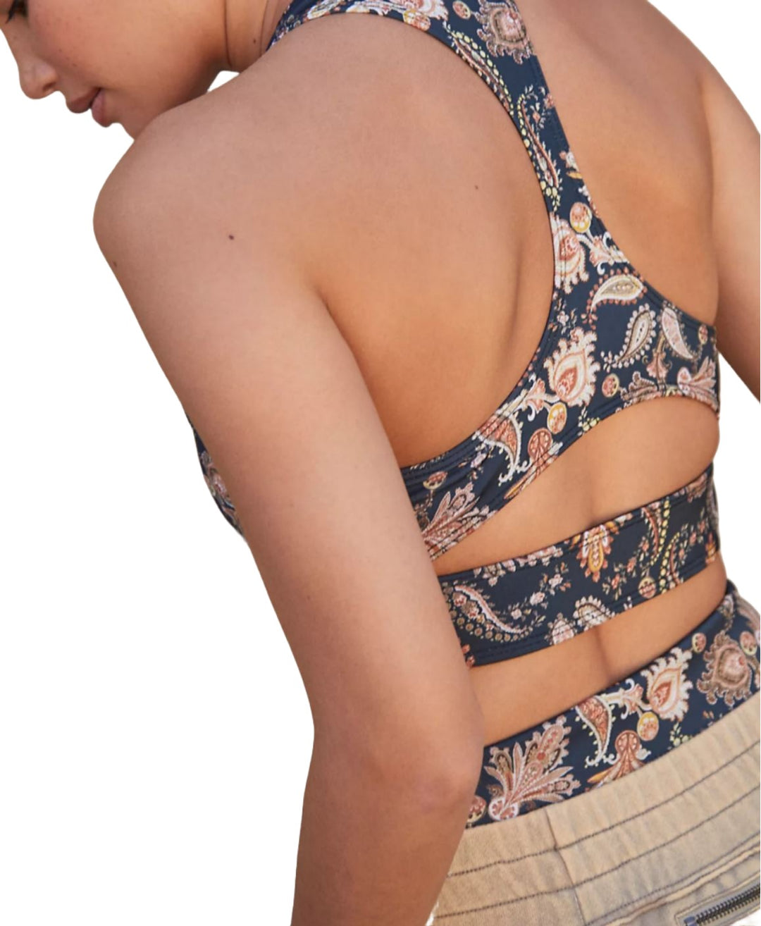 Onzie Peek-a-boo Racer Yoga Crop Top 3024 - Golden Paisley - rear view