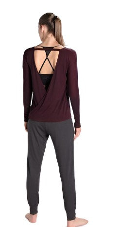 Onzie Hot Yoga Drapey V Back Top 3033 One Size - Aubergine - rear view