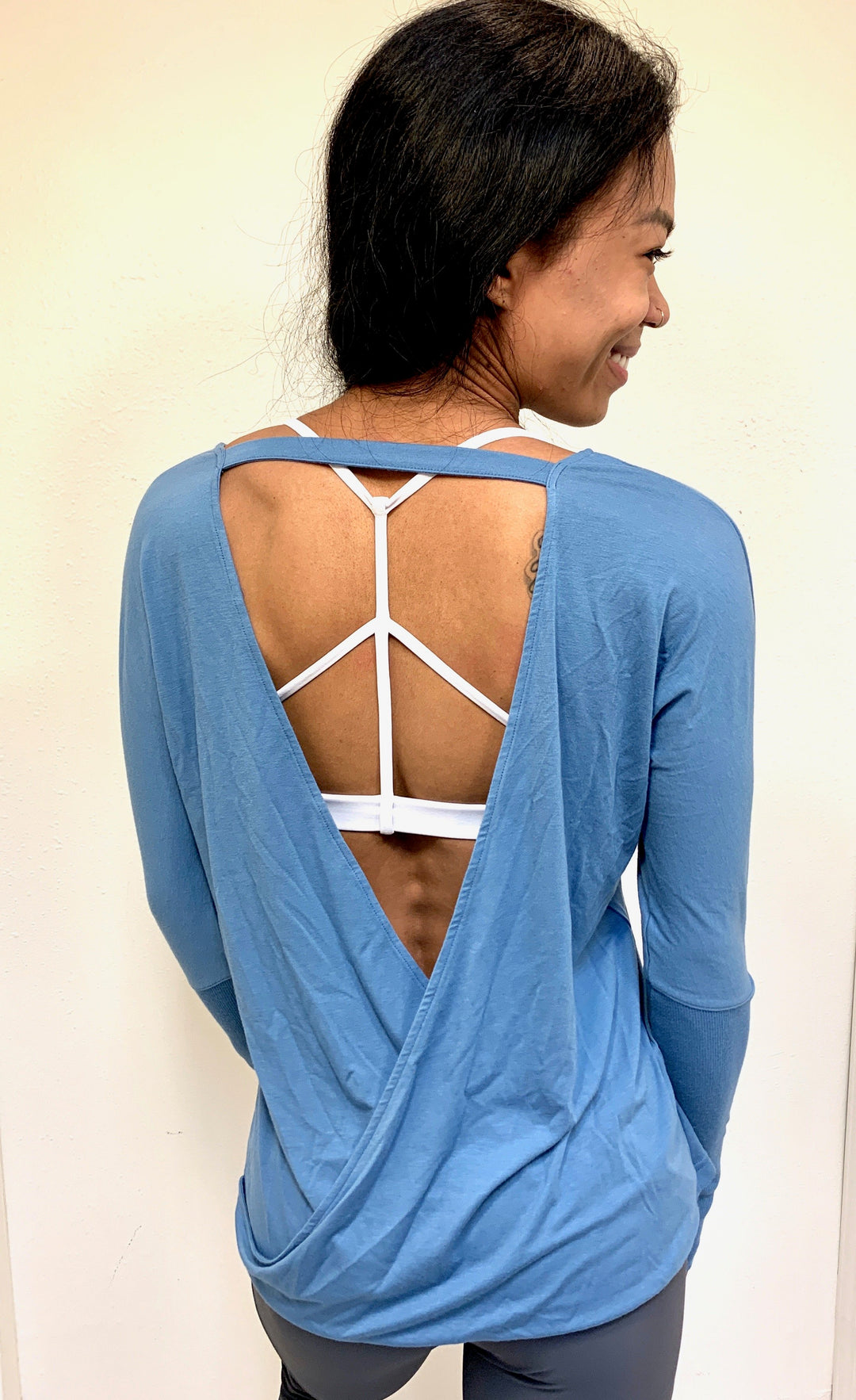 Onzie Hot Yoga Drapey V Back Top 3033 One Size - Pewter - rear view