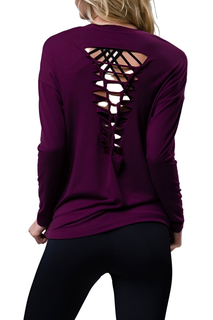 Onzie Hot Yoga Braid Back Top 3076 - Aubergine - rear alt  view 