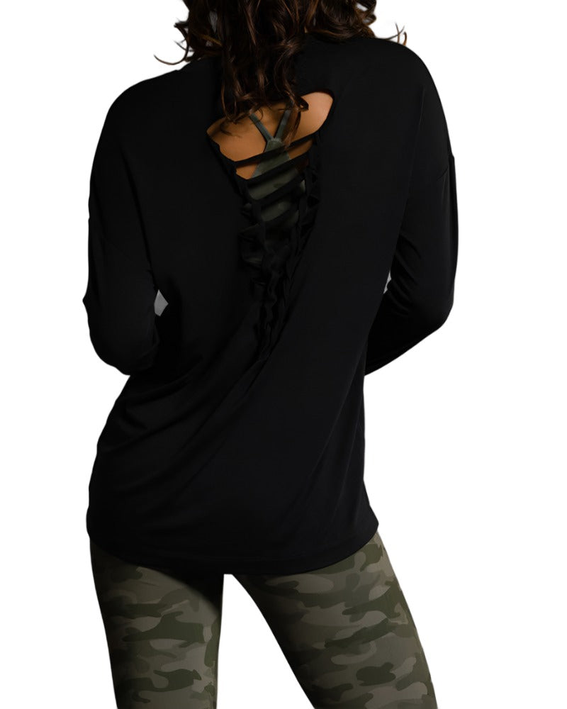 Onzie Hot Yoga Braid Back Top 3076 - Black - rear view 