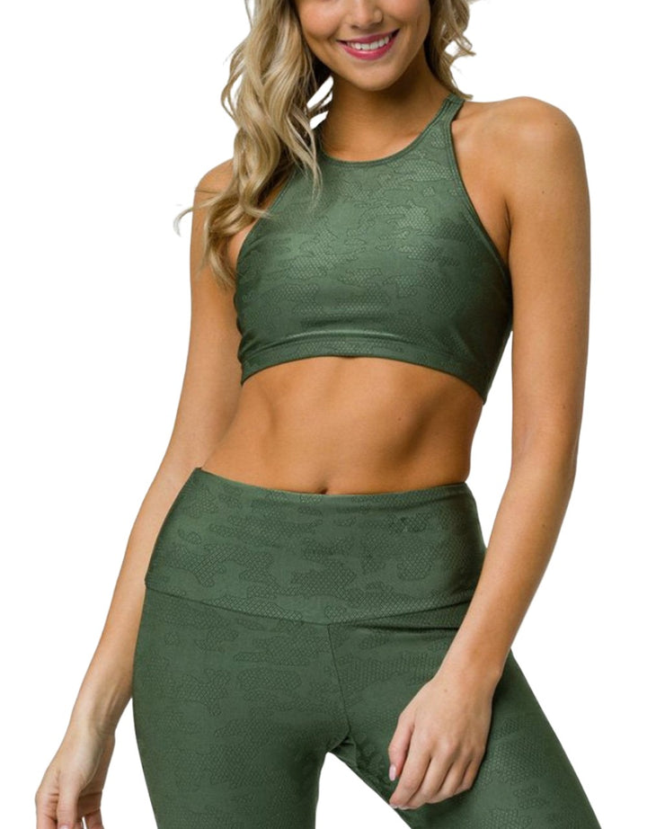 Onzie Flow Heart Bra 3082 - Olive Twist Camo - front view