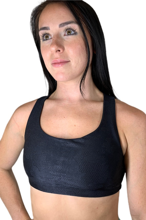 Onzie Hot Yoga Mudra Bra 3098 Jacquard - Black Camo Jacquard -  front view