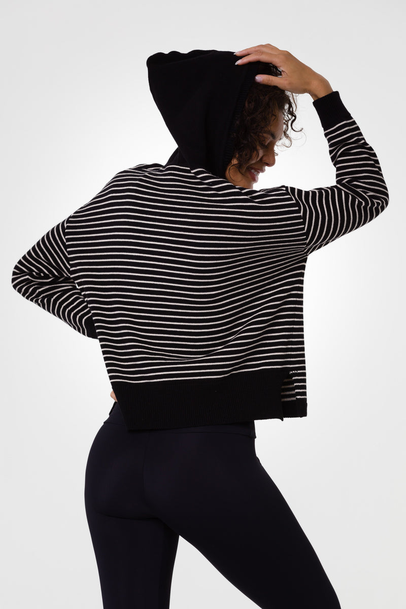 Onzie Yoga New Stripped Sweater Hoodie 3133 - Black/White Stripe - rear alt view