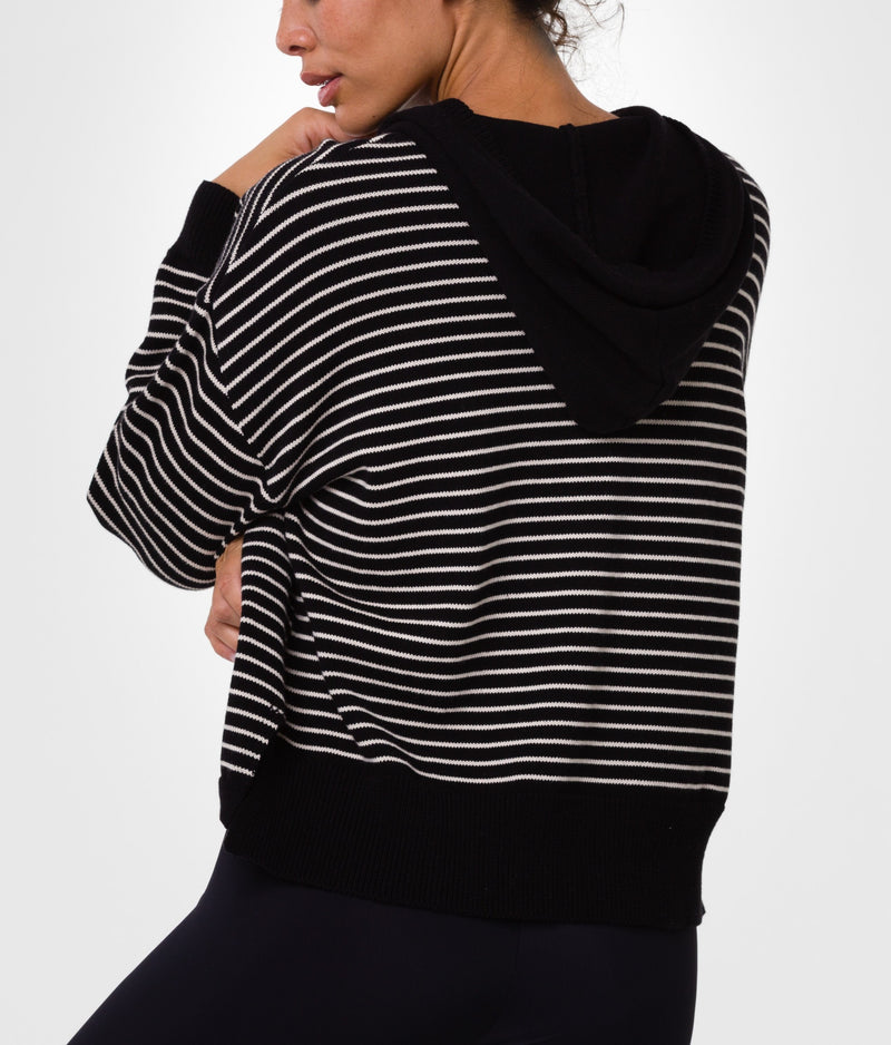 Onzie Yoga New Stripped Sweater Hoodie 3133 - Black/White Stripe - rear view