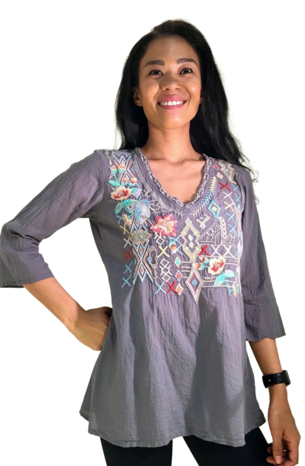 Johnny Was Seeroon Embroidered V Neck - Gray - Front View