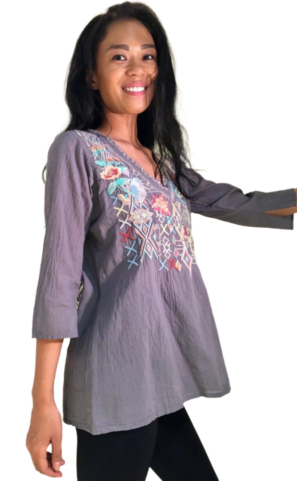 Johnny Was Seeroon Embroidered V Neck - Gray - Side View