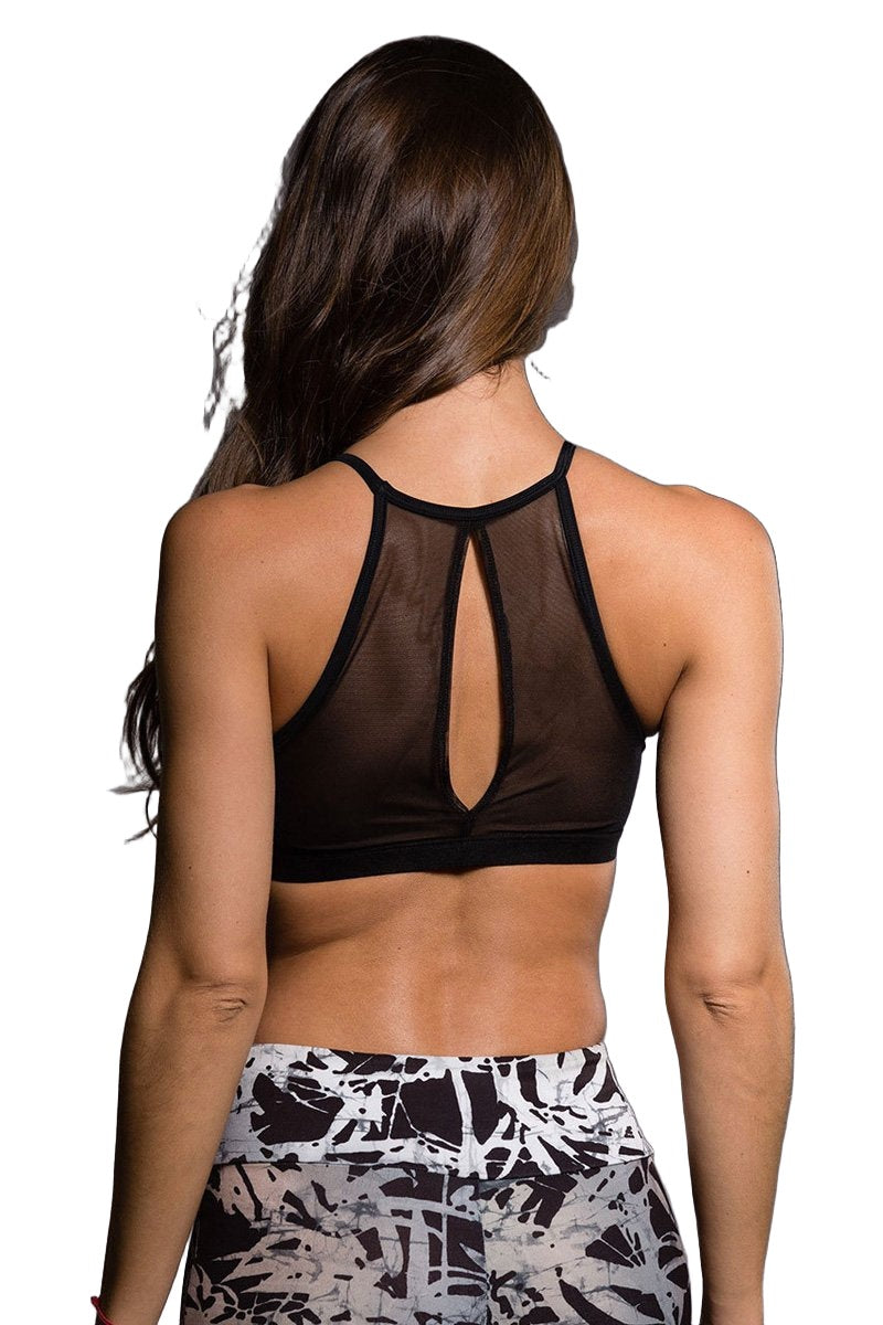 Onzie Hot Yoga Mesh Halter Bra Top 350 - Black Mesh - rear view