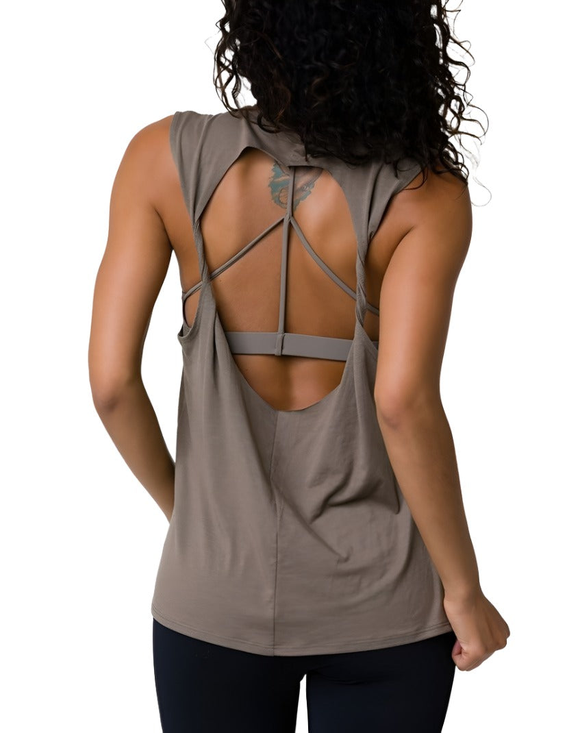 onzie hot yoga twist back top - dust - rear view