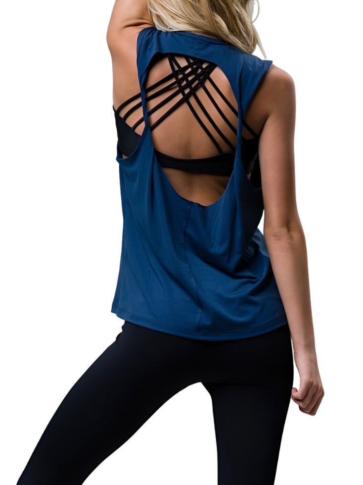 onzie hot yoga twist back top 3602 - pebble - rear view