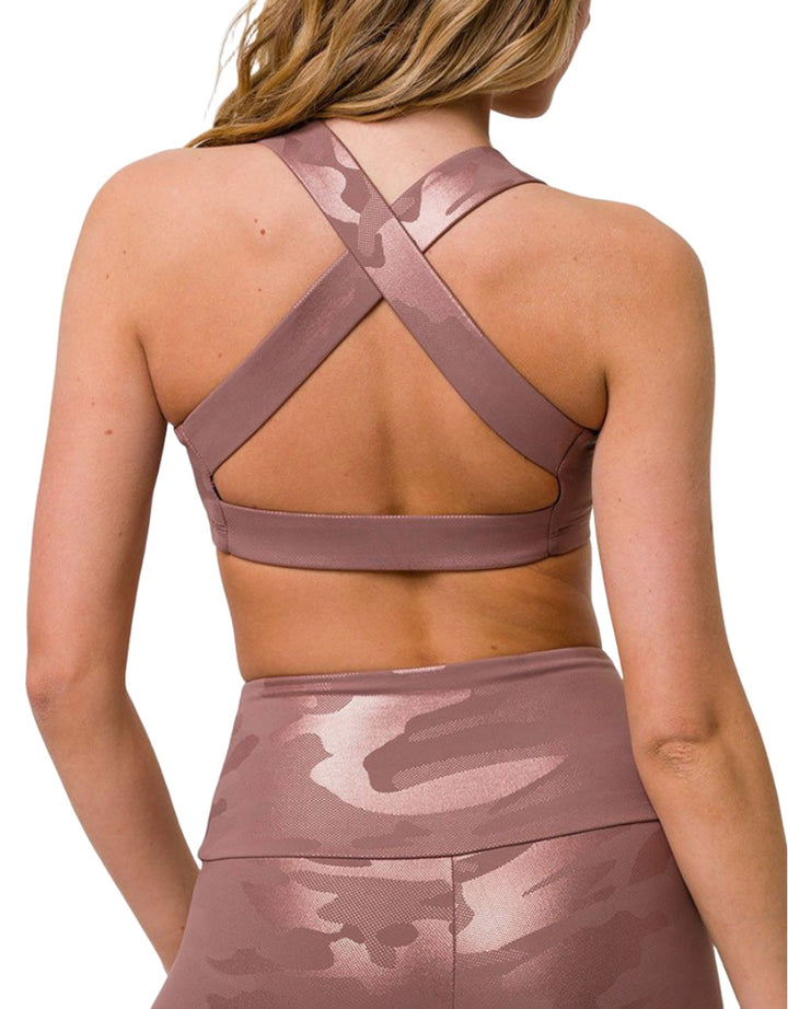 Onzie Hot Yoga Half Moon Bra 3700 - Rose Gold Camo Jacquard - Back View