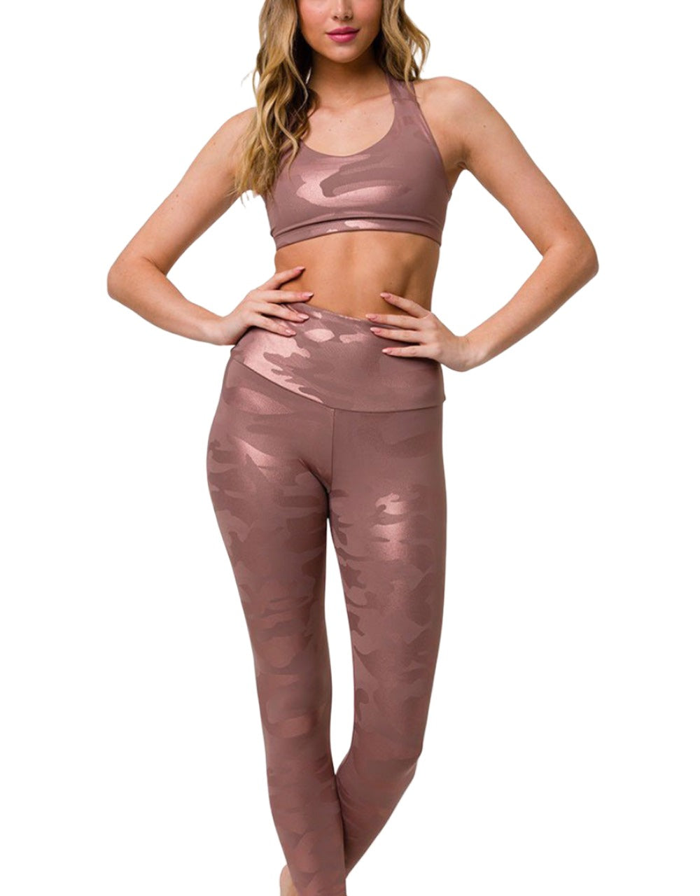 Onzie Hot Yoga Half Moon Bra 3700 - Rose Gold Camo Jacquard - Front Full View