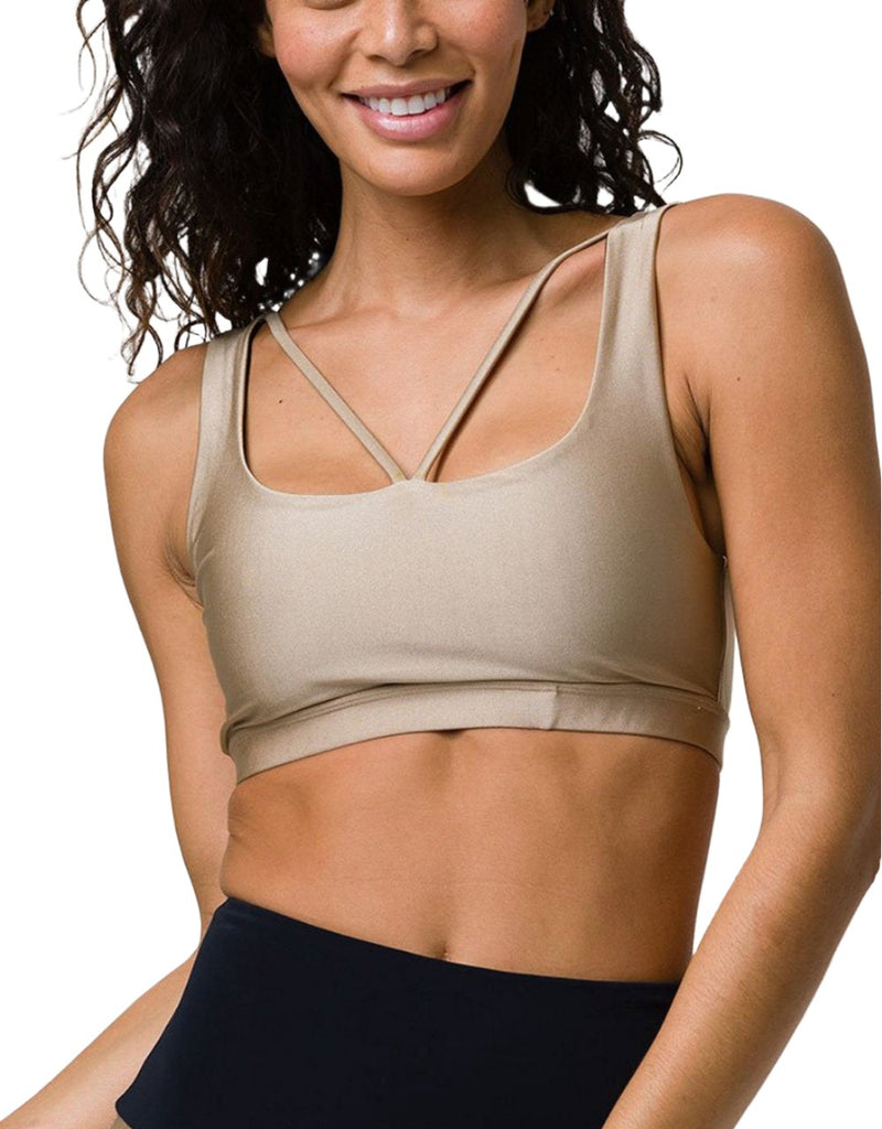Onzie Hot Yoga Crossover Bra 3736 - Taupe - front view
