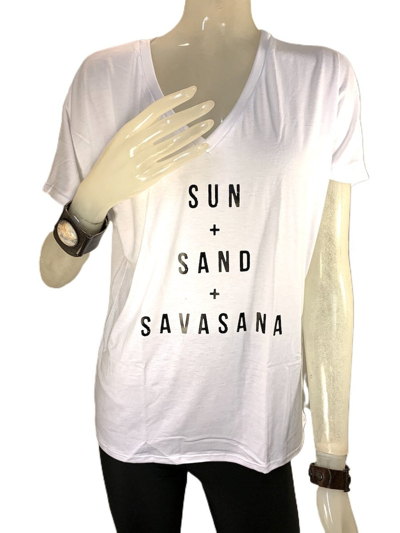 Onzie Sun Surf and Savasana V neck Tee 3739 - White - front view