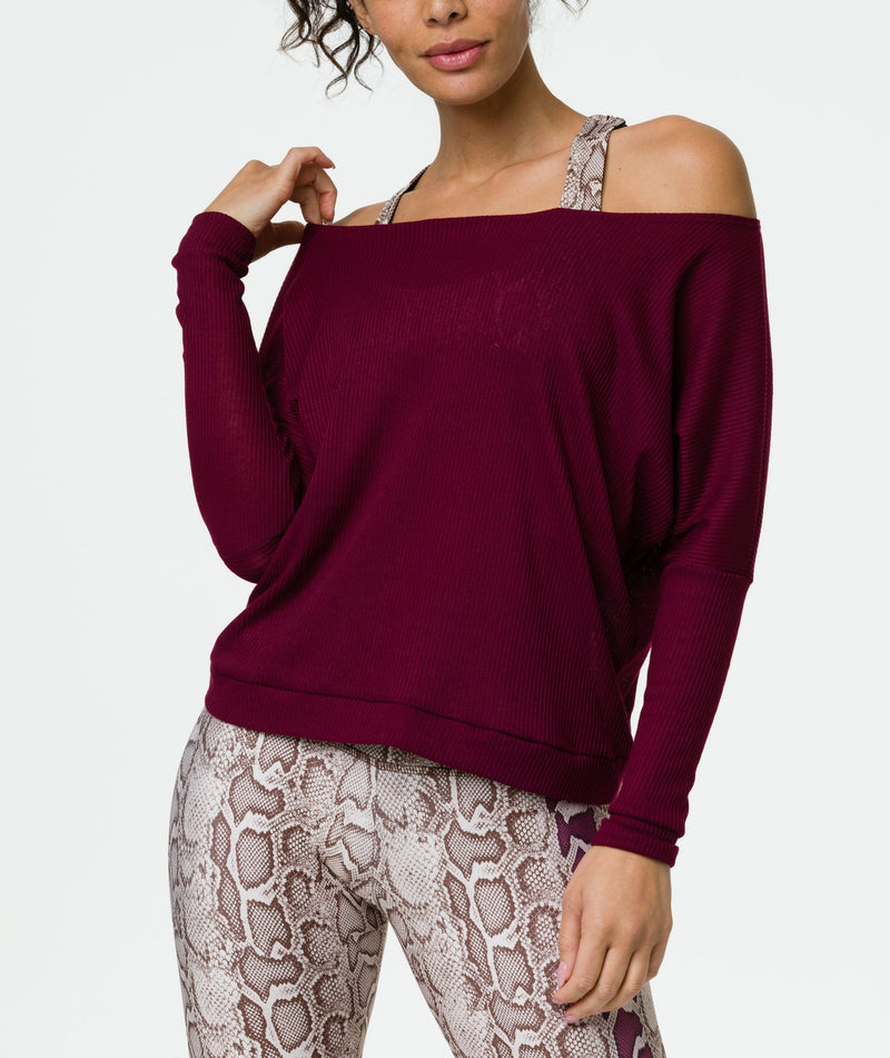 Onzie Off the Shoulder Ribbed Top 3748 - Merlot - front view