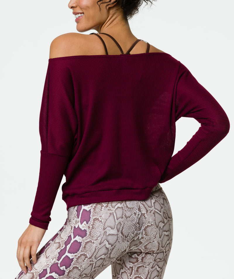 Onzie Off the Shoulder Ribbed Top 3748 - Merlot - rear view