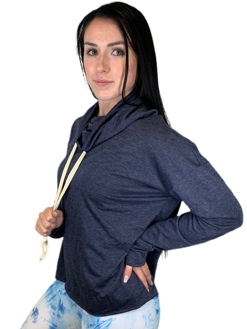 Onzie Yoga New Cowl Neck Top 3749 - Heather Blue - side view