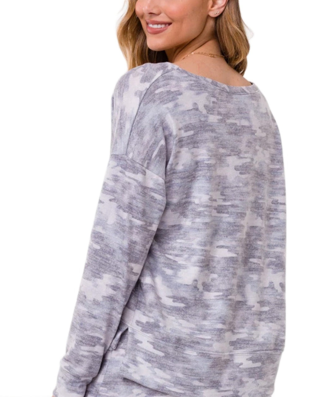 Onzie Flow High Low Sweatshirt 3767 - Cozy Camo - rear view