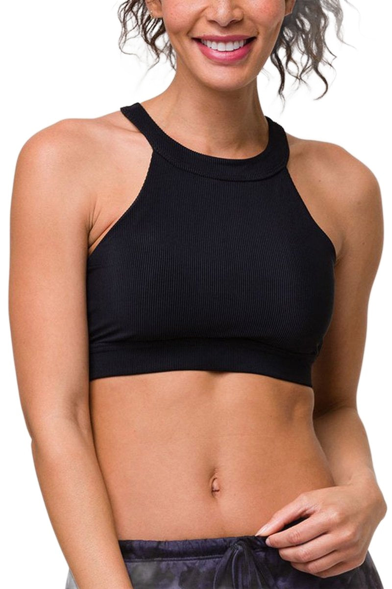 Onzie High Neck Cropped Top 3789 - Black Rib - front view