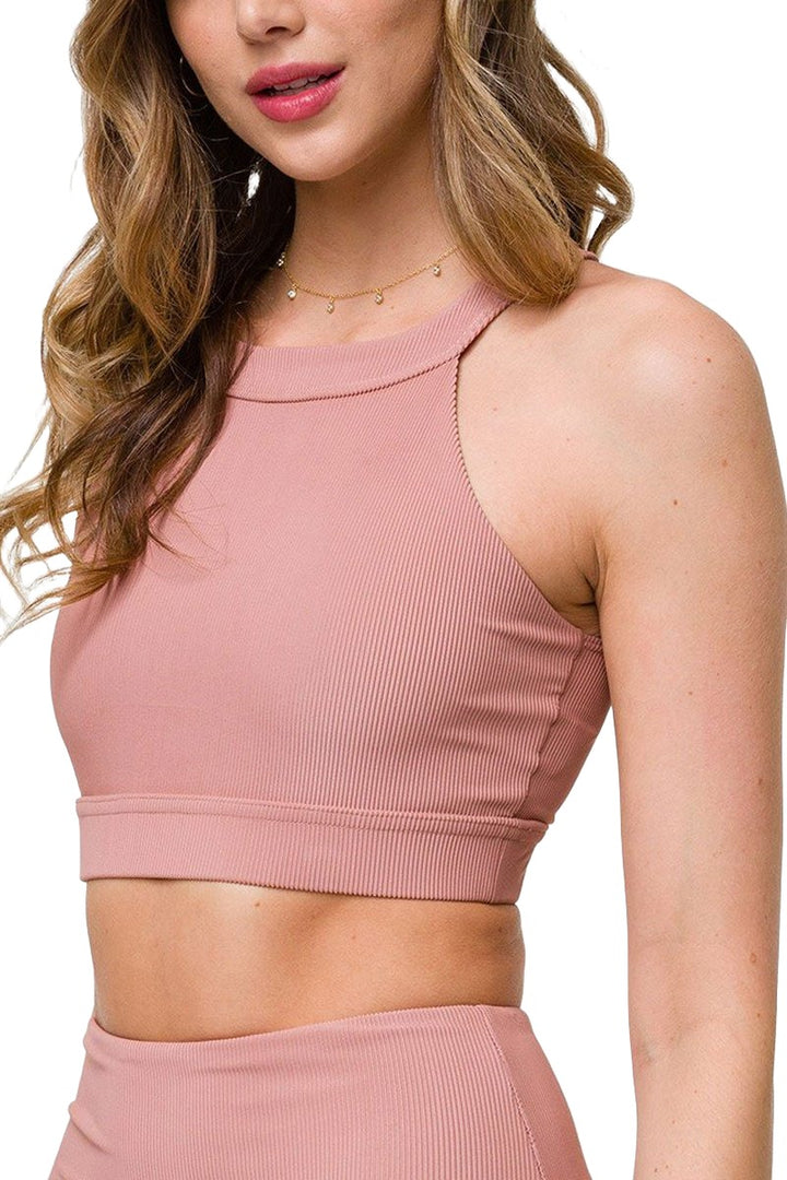 Onzie High Neck Ribbed Cropped Top 3789 - Fawn Rib - Front View