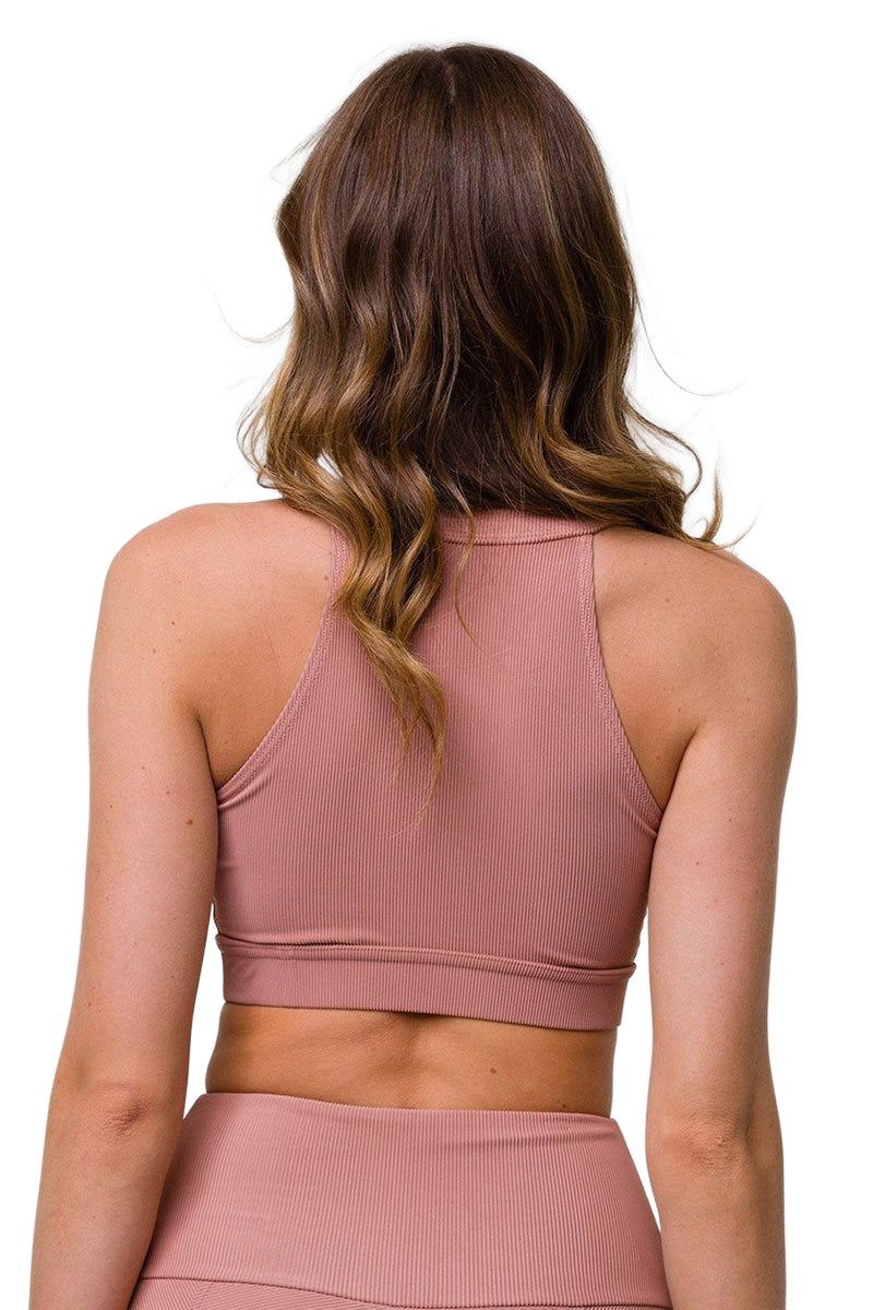Onzie High Neck Ribbed Cropped Top 3789 - Fawn Rib - Back View