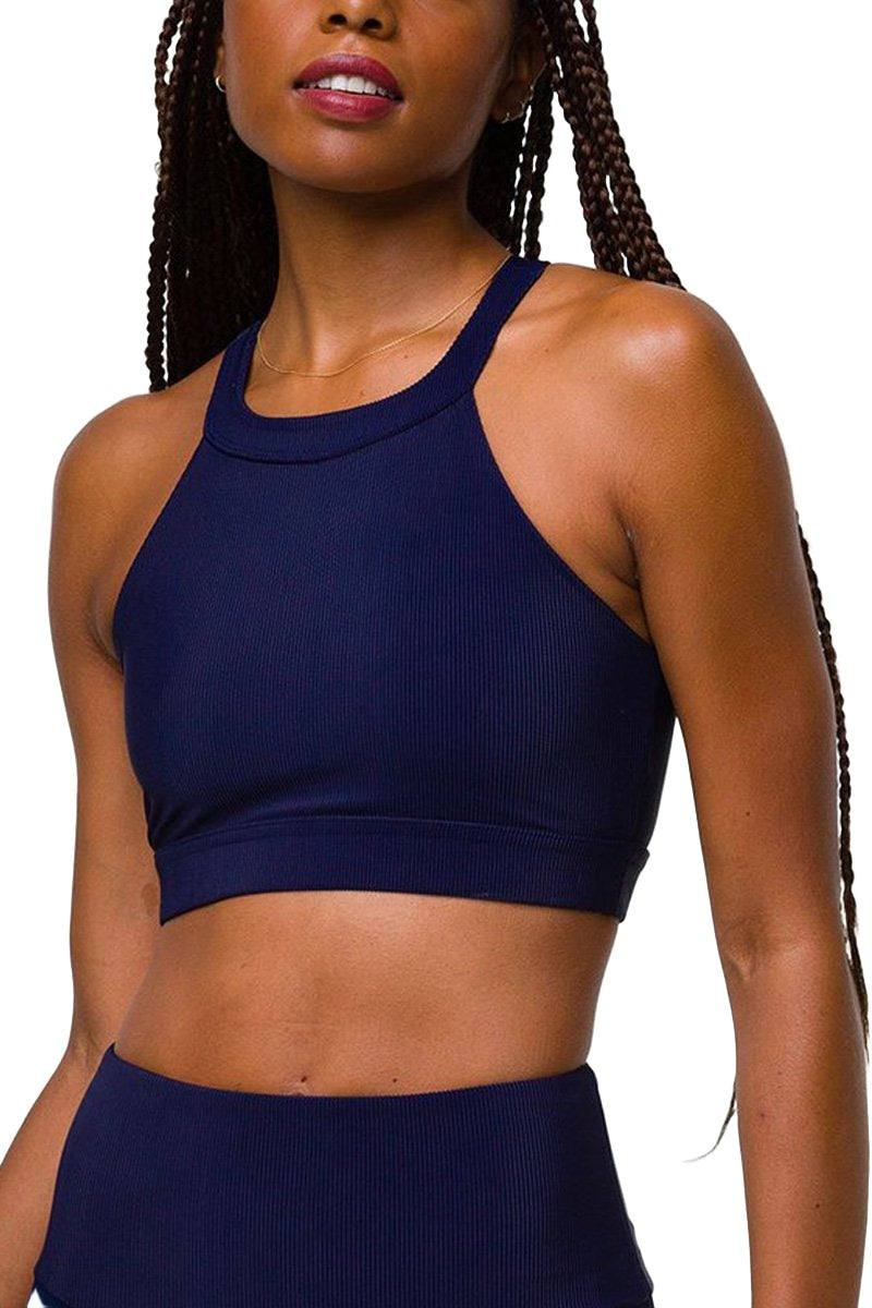 Onzie High Neck Ribbed Cropped Top 3789 - Marine Rib - Front View