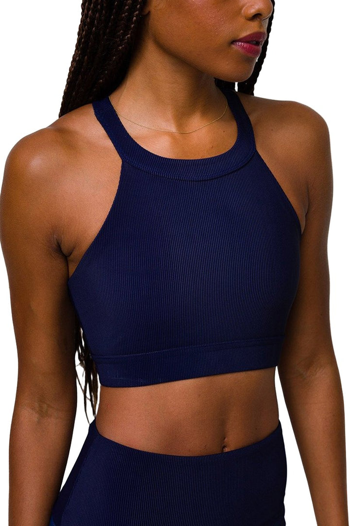 Onzie High Neck Ribbed Cropped Top 3789 - Marine Rib - Rear View