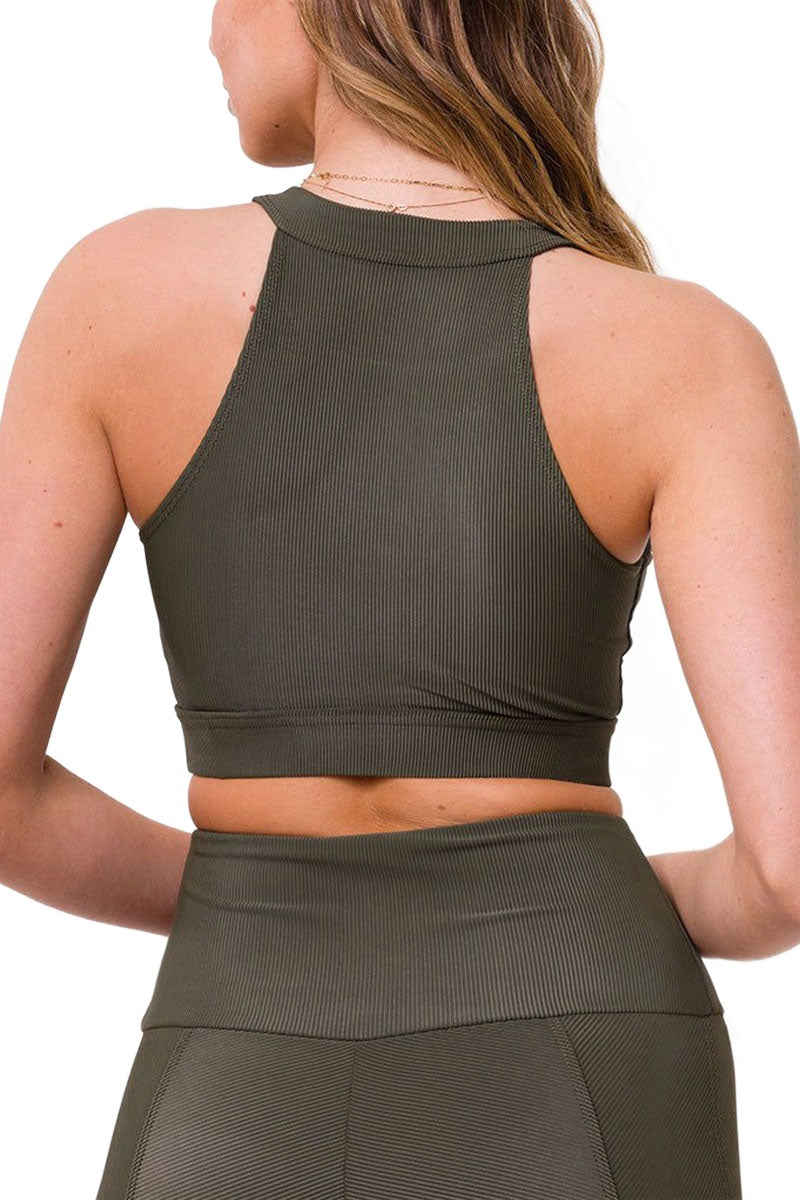 Onzie High Neck Ribbed Cropped Top 3789 - Olive - Back View