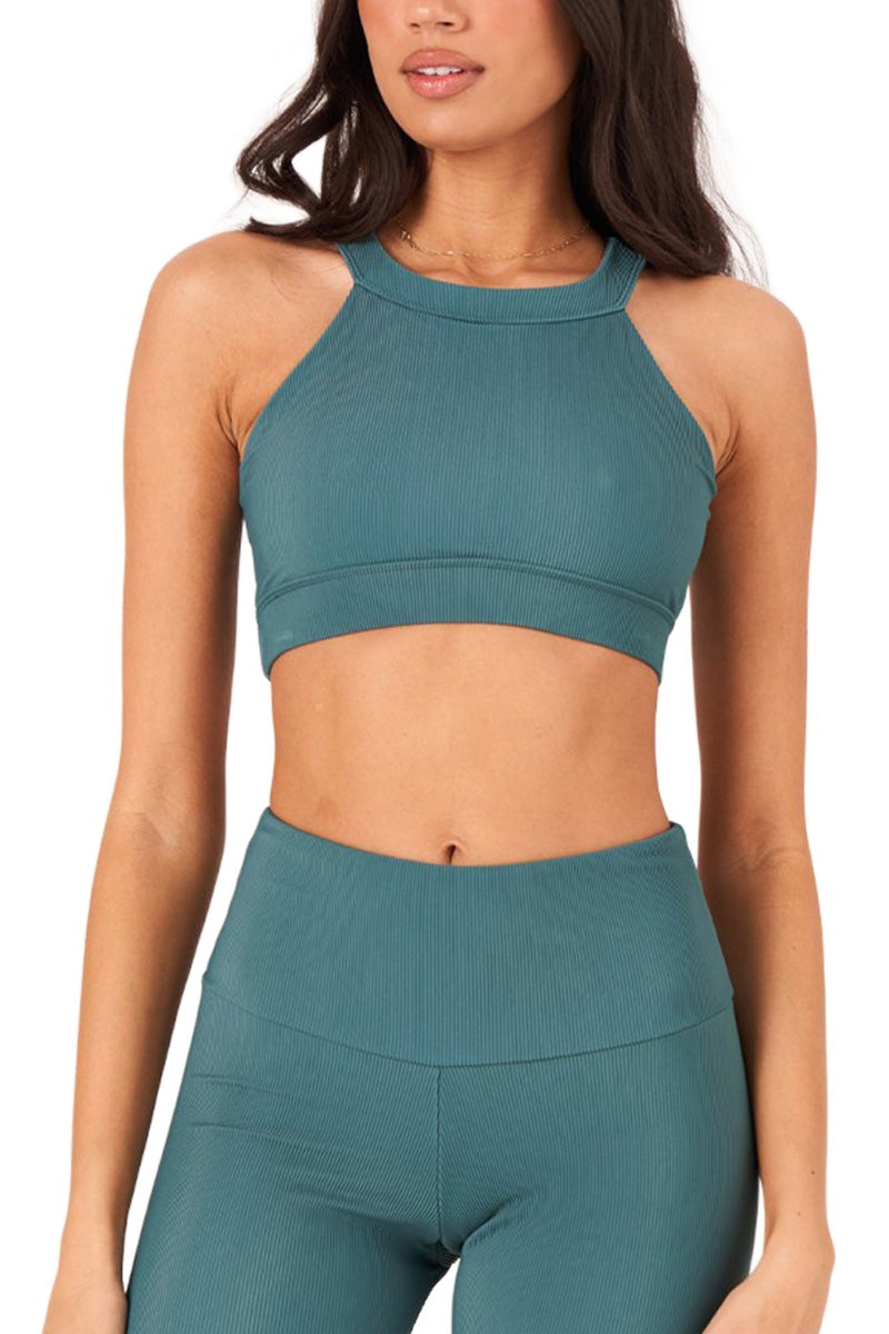 Onzie High Neck Ribbed Cropped Top 3789 - Pale Cacti Rib - Front View