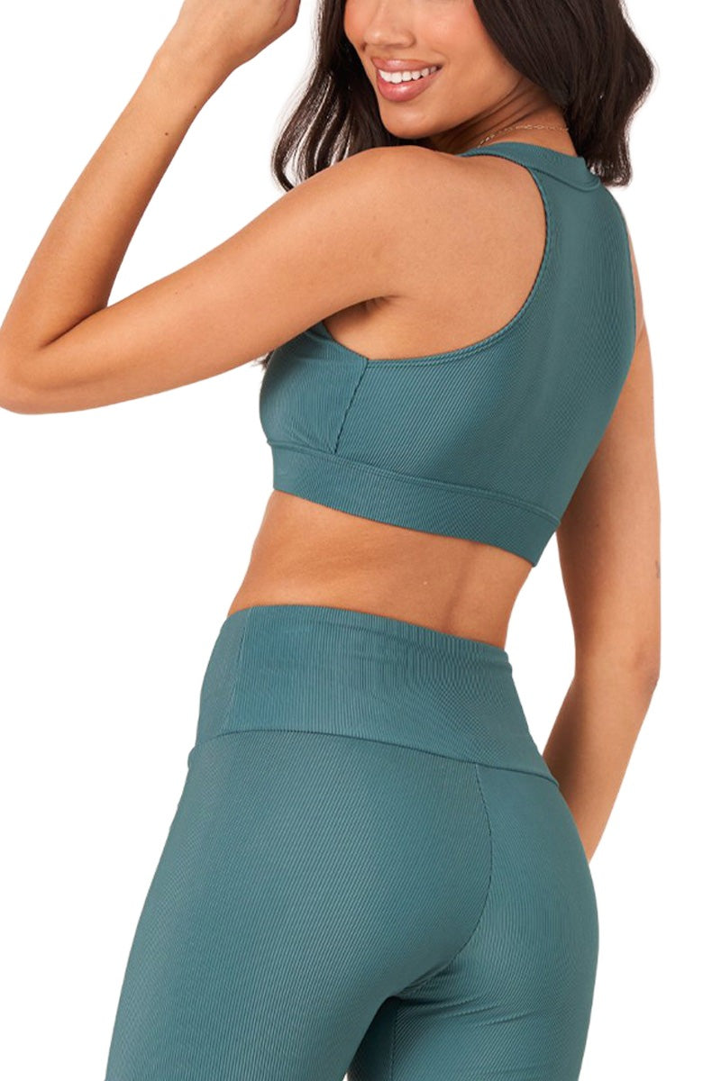 Onzie High Neck Ribbed Cropped Top 3789 - Pale Cacti Rib - Rear View