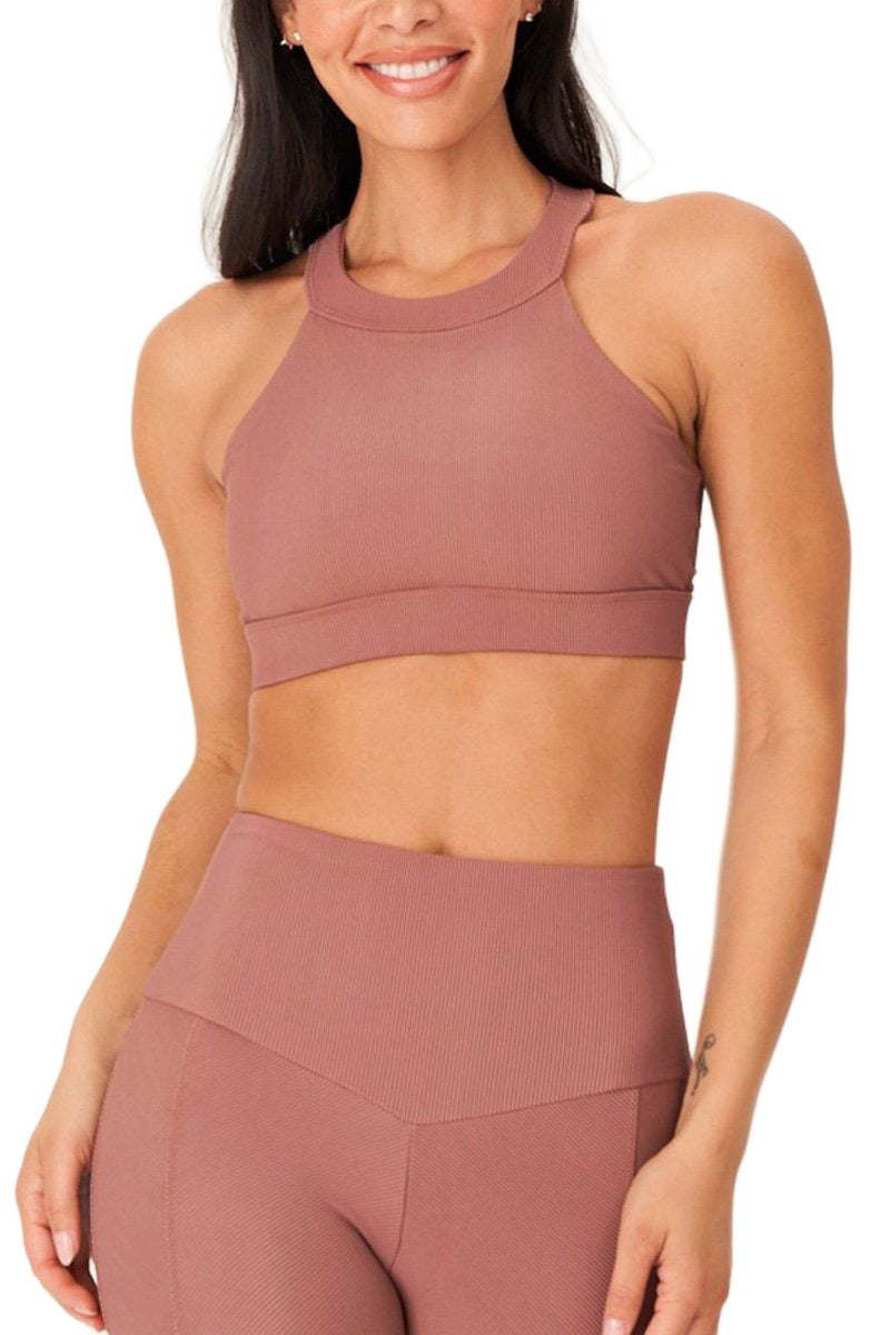 Onzie High Neck Ribbed Cropped Top 3789 - Toast Rib - Front View2