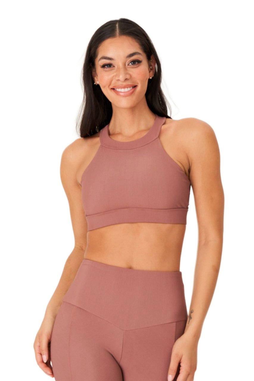 Onzie High Neck Ribbed Cropped Top 3789 - Toast Rib - Front View