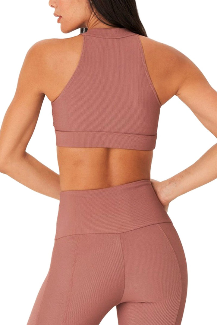 Onzie High Neck Ribbed Cropped Top 3789 - Toast Rib - Back View