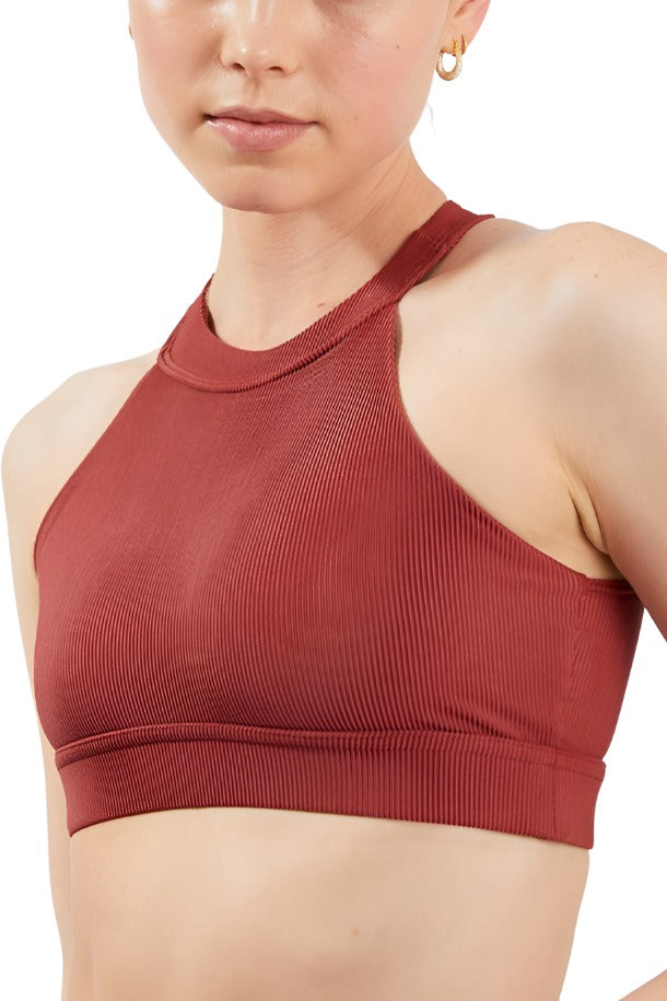 Onzie High Neck Ribbed Cropped Top 3789 - Warm Pinecone - Front View