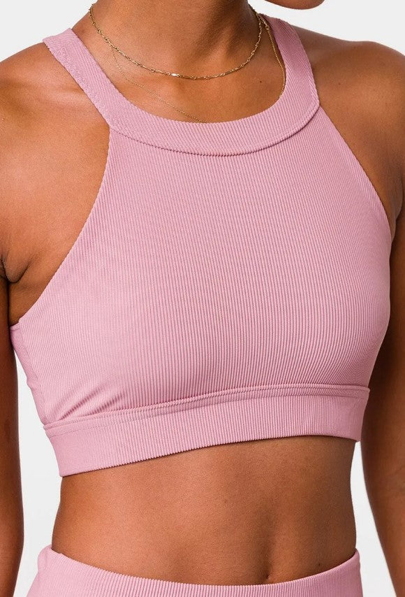 Onzie High Neck Ribbed Cropped Top 3789 - Antique Rose - Rear View