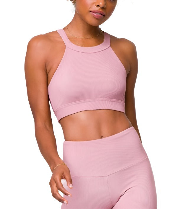 Onzie High Neck Ribbed Cropped Top 3789 - Antique Rose - Front View