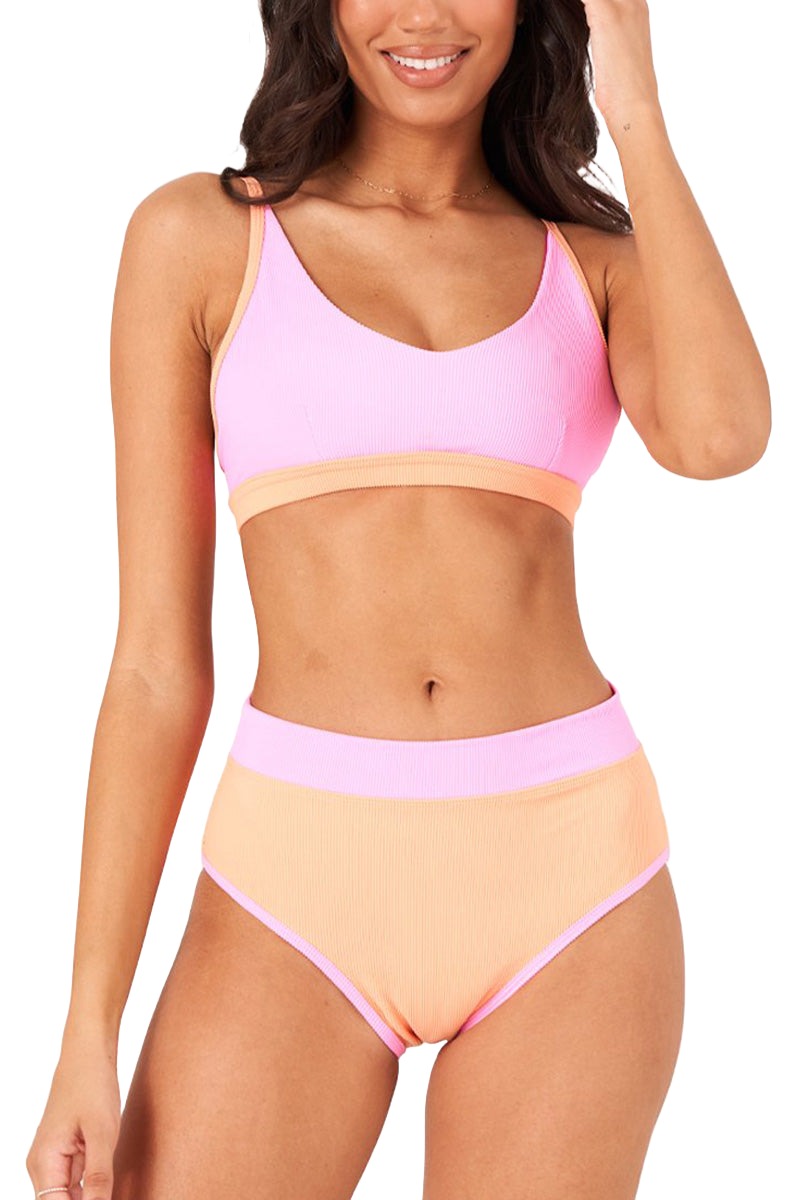 Onzie Yoga Colorblock Swim Bra Top 3790 - Bubble Gum/Cantaloupe - Front View