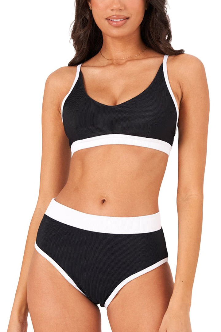 Onzie Yoga Colorblock Swim Bra Top 3790 - Black/White Rib - Front View