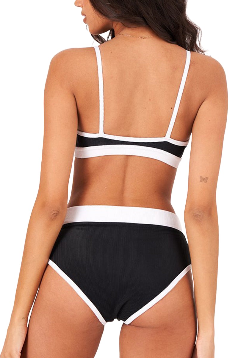 Onzie Yoga Colorblock Swim Bra Top 3790 - Black/White Rib - Back View
