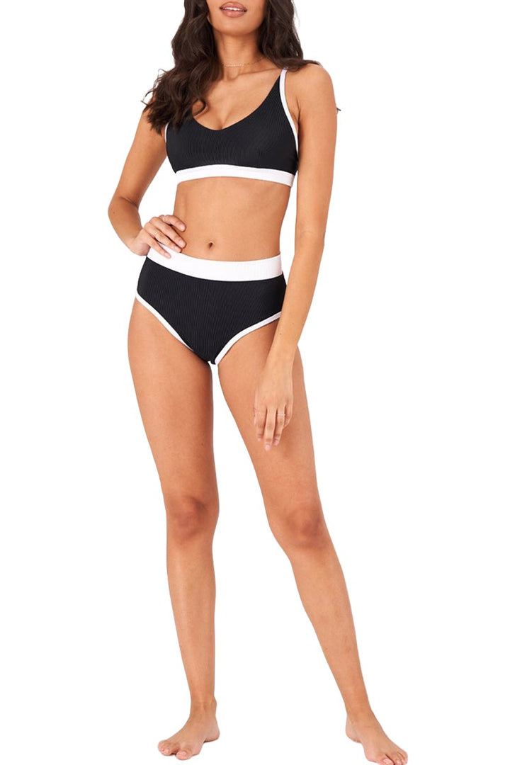 Onzie Yoga Colorblock Swim Bra Top 3790 - Black/White Rib - Front Full View