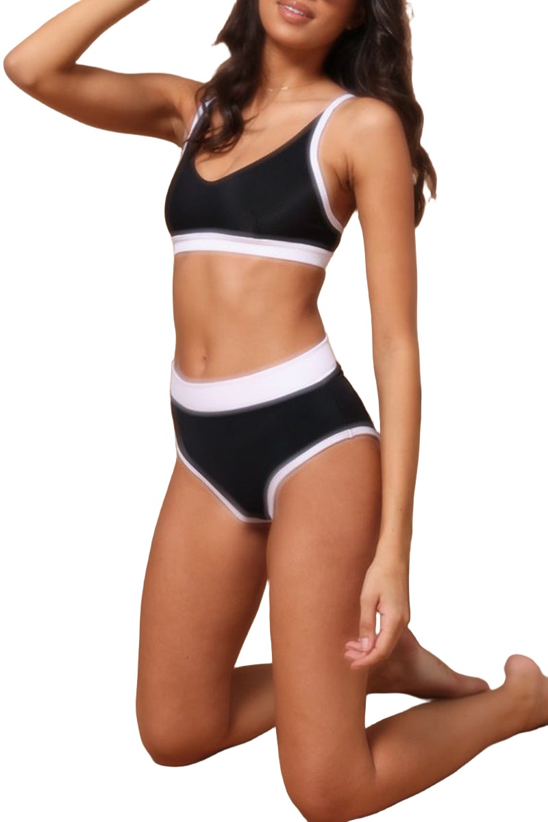 Onzie Yoga Colorblock Swim Bra Top 3790 - Black/White Rib - Rear View