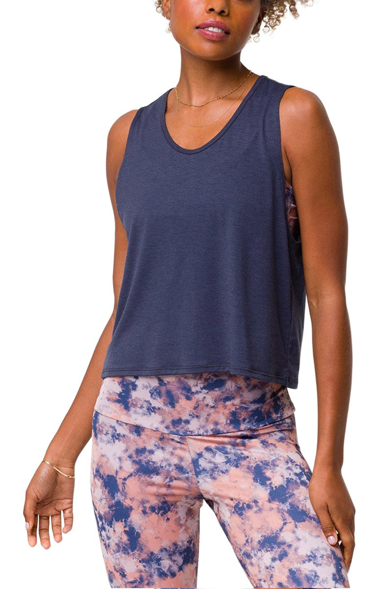 Onzie Flow Yoga Loose Cut Out Tank 3806 - Ombre Blue - Front View