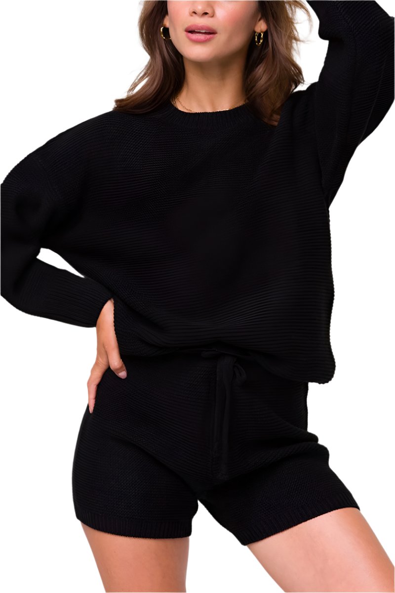 Onzie Cozy Knit Cuffed Sleeves Sweater For Women’s - Black - Front View