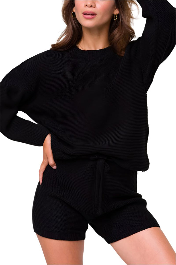 Onzie Cozy Knit Cuffed Sleeves Sweater For Women’s - Black - Front View