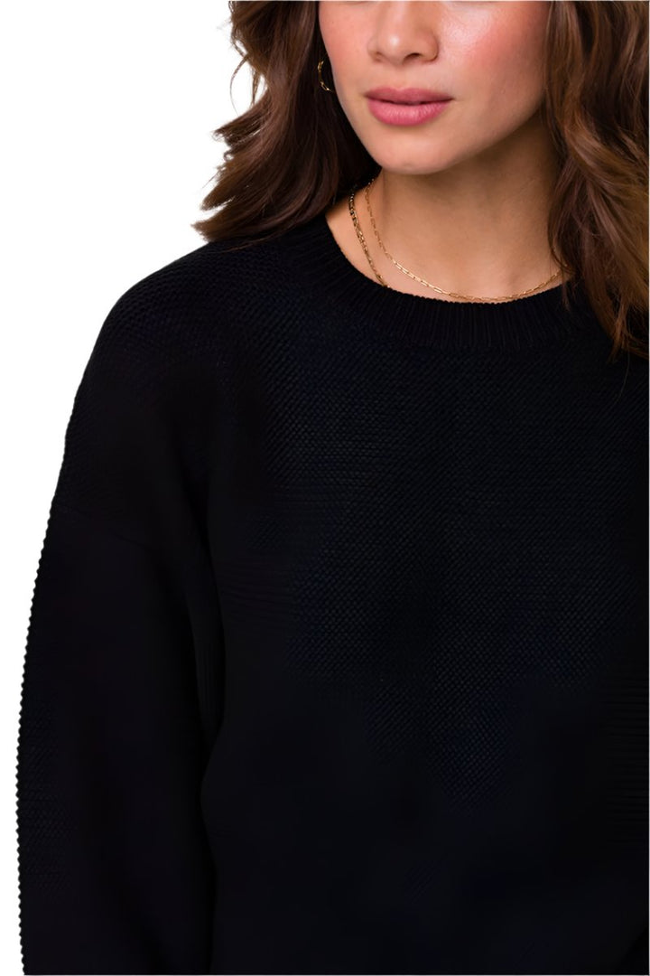 Onzie Cozy Knit Cuffed Sleeves Sweater For Women’s - Black - Front Rear View