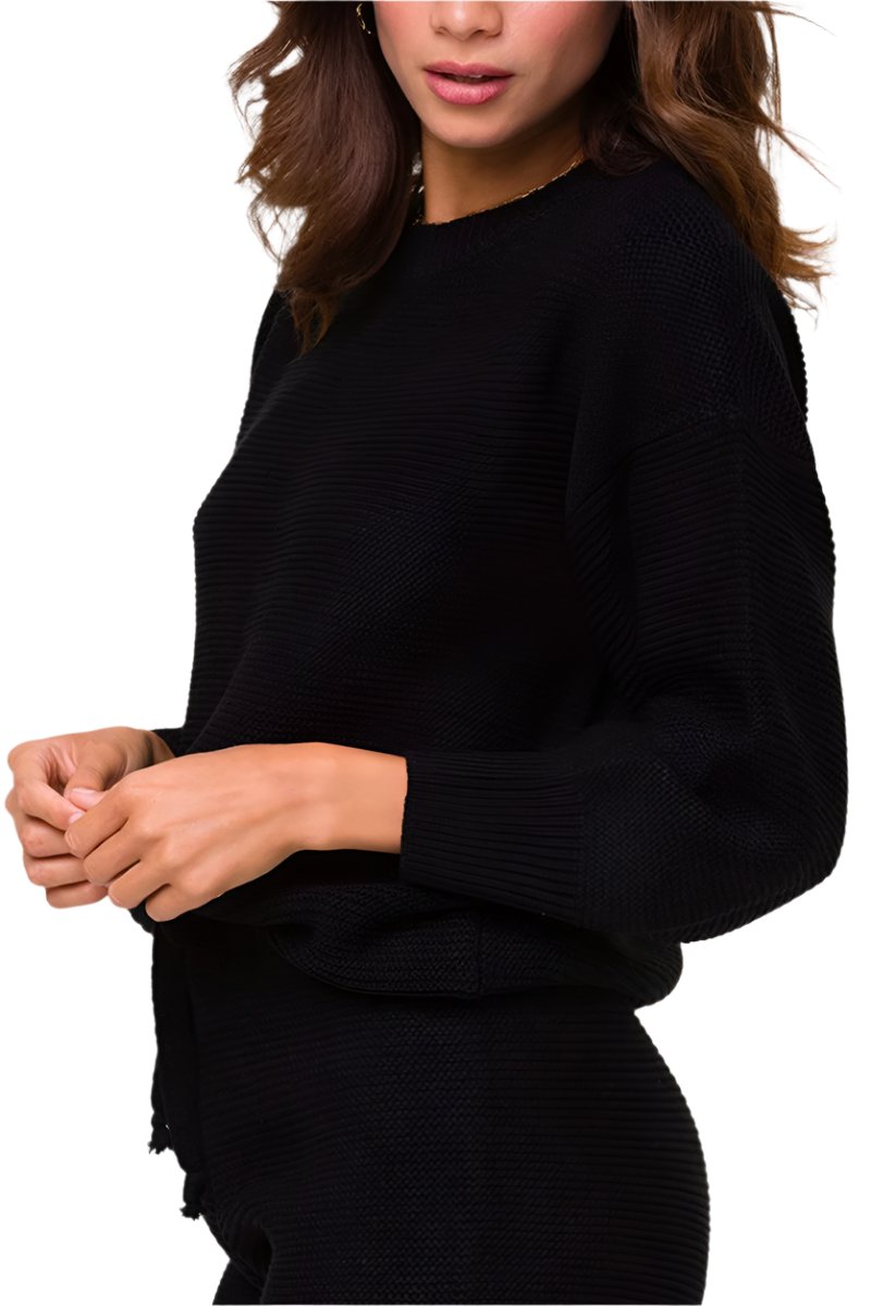 Onzie Cozy Knit Cuffed Sleeves Sweater For Women’s - Black - Side View
