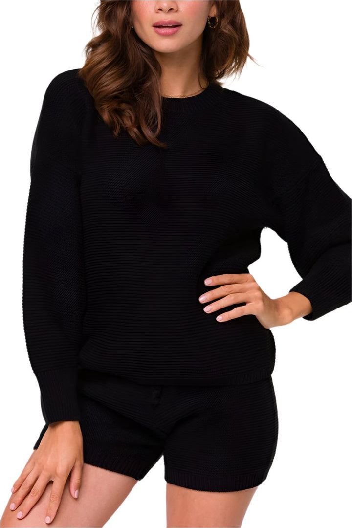 Onzie Cozy Knit Cuffed Sleeves Sweater For Women’s - Black - Front View2