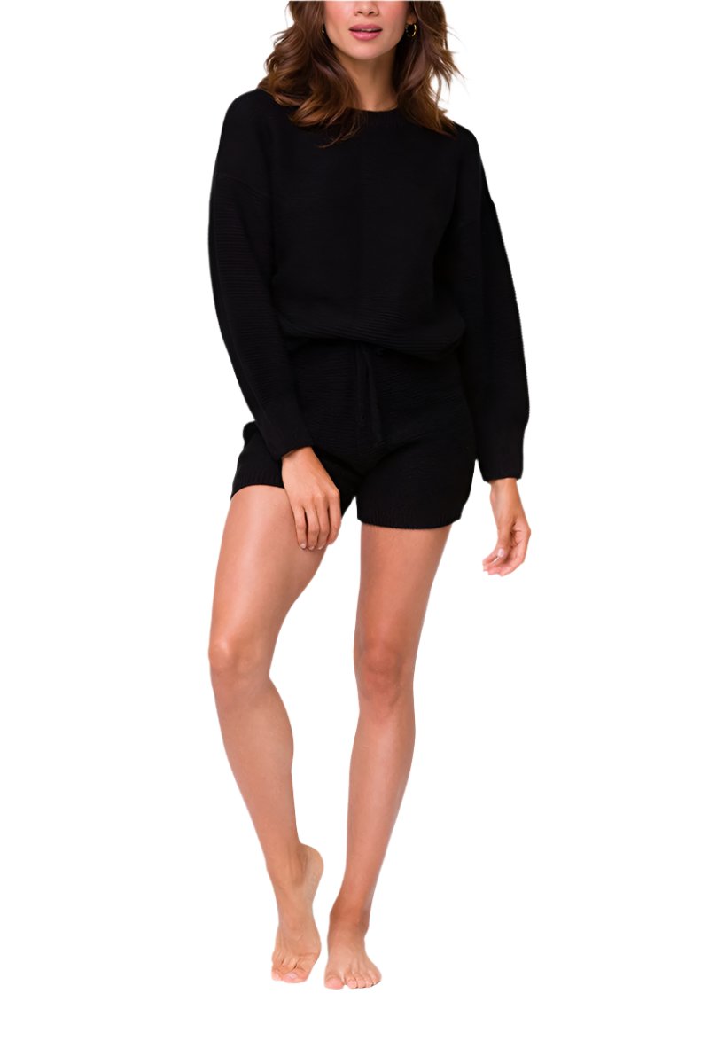 Onzie Cozy Knit Cuffed Sleeves Sweater For Women’s - Black - Front View