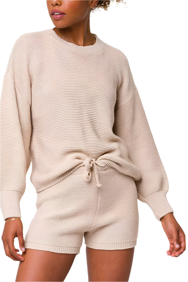 Onzie Cozy Knit Cuffed Sleeves Sweater For Women’s - Cuban Sand - Front View